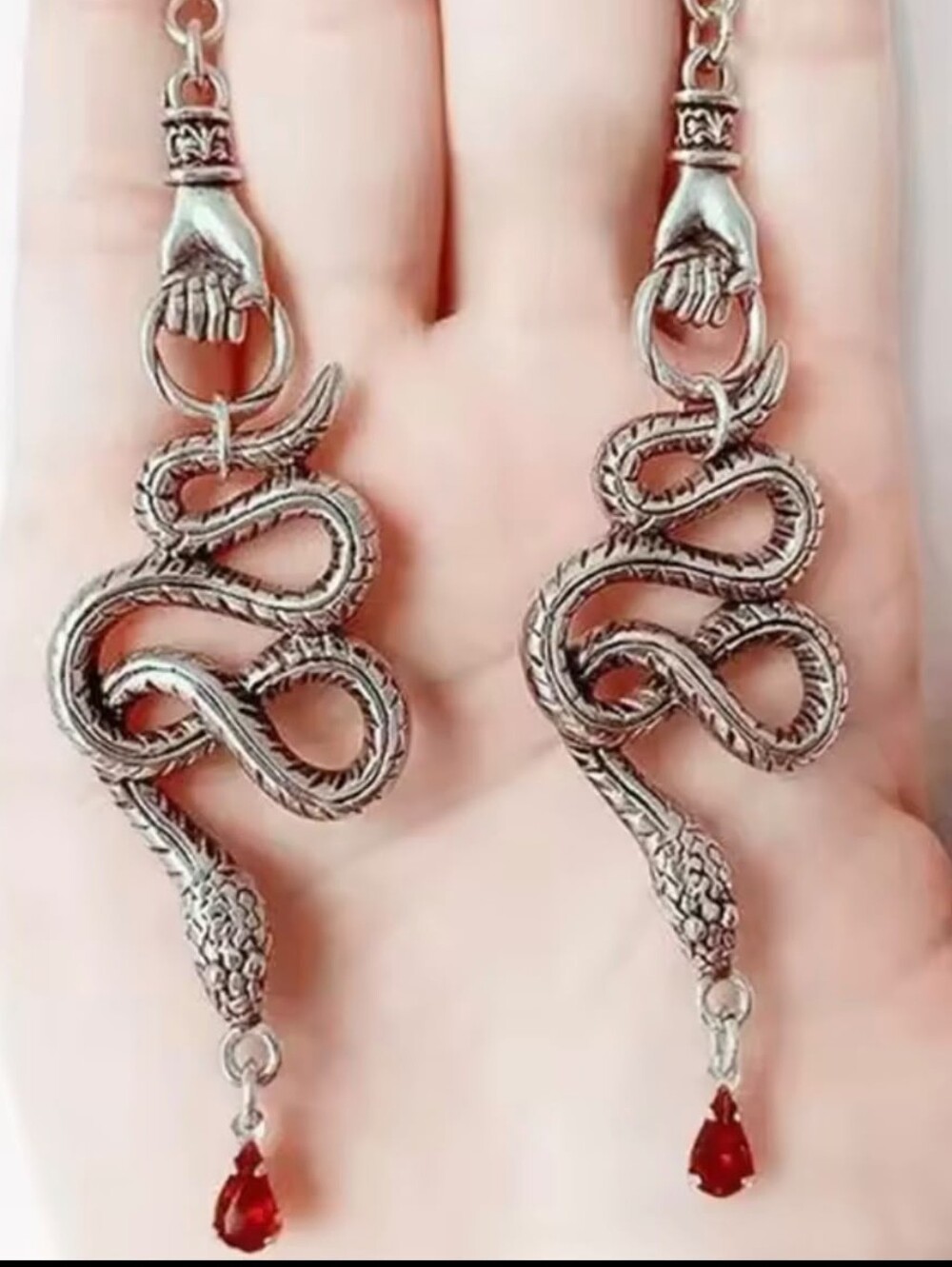 Silver Snake Dangle Earrings with Red Teardrop
